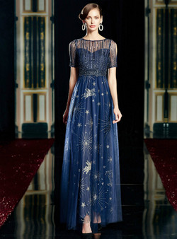 Queenly Navy Blue Tulle Sequins Beading Short Sleeve Mother of the Bride Dress