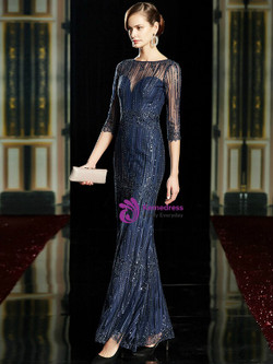 Casual Navy Blue Mermaid Tulle Sequins 3/4 Sleeve Long Mother of the Bride Dress