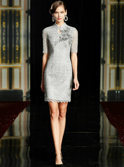 Delicate Silver Gray Mermaid Lace Short Sleeve High Neck Appliques Mother of the Bride Dress