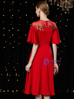 Simple Red Satin Sequins Horn Sleeve Knee Length Mother Of The Bride Dress