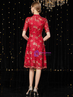 Noble Burgundy Lace Short Sleeve Knee Length Mother of the Bride Dress