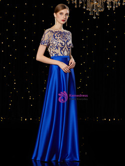 Advanced Royal Blue Satin Sequins Short Sleeve Mother of the Bride Dress