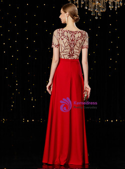 Amazing Red Satin Sequins Short Sleeve Mother of the Bride Dress