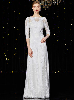 Sweet White Bateau Neck Tulle Sequins 3/4 Sleeve Mother of the Bride Dress