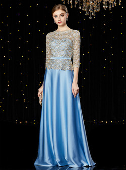Modern Blue Satin Lace Sequins Half Sleeve Long Mother of the Bride Dress