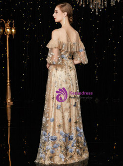 Queenly Champagne Tulle Embrodiery Puff Sleeve Cold Shoulder Mother of the Bride Dress