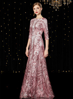 Dreamy Pink Tulle Sequins 3/4 Sleeve Long Mother of the Bride Dress