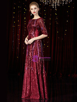 Fancy Drak Burgundy Sequins Half Sleeve Bateau Neck Mother Of The Bride Dress