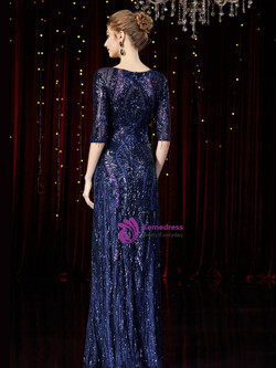 Fashionable Navy Blue Sequins Half Sleeve Long Mother Of The Bride Dress