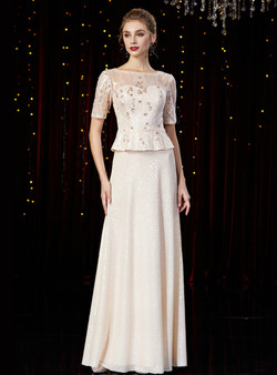 Elegance Champagne Sequins Bateau Short Sleeve Mother of the Bride Dress