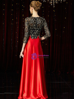 Queenly Red Satin Black Lace 3/4 Sleeve Mother of the Bride Dress