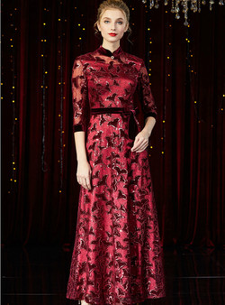 Trendy Burgundy Sequins Velvet 3/4 Sleeve Mother of the Bride Dress