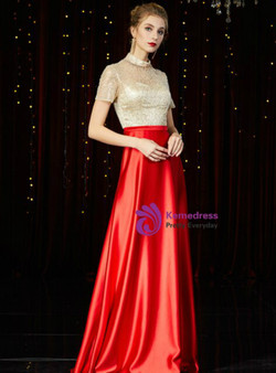 Dreamy Red Satin Champagne Sequins Short Sleeve Mother of the Bride Dress