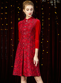 Winsome Burgundy Lace Velvet Long Sleeve Knee Length Mother of the Bride Dress