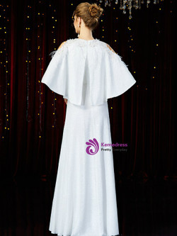 Distinctive White Sequins Cold Shoulder Bat Sleeve Mother of the Bride Dress With Feather