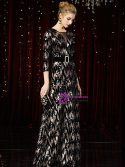 Splendid Black Sequins 3/4 Sleeve Mother of the Bride Dress With Sash