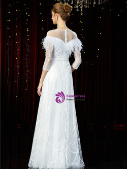 Beautiful White Tulle Sequins 3/4 Sleeve Mother of the Bride Dress With Feather