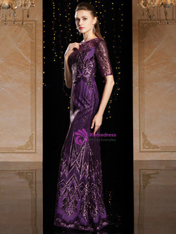 Splendid Purple Sheath Tulle Sequins Short Sleeve Long Mother Of The Bride Dress