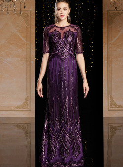 Splendid Purple Sheath Tulle Sequins Short Sleeve Long Mother Of The Bride Dress