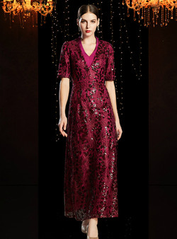 Modest Burgundy Lace Sequins V-neck Short Sleeve Ankle Length Mother Of The Bride Dress