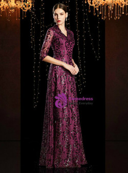 Winsome Purple Sequins V-neck 3/4 Sleeve Long Mother of the Bride Dress