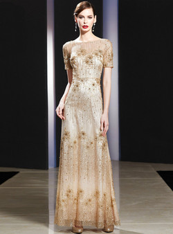 Shinning Gold Sequins Bateau Neck Short Sleeve Appliques Mother Of The Bride Dress