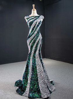 Fabulous Silver And Green Mermaid Sequins Bateau Cap Sleeve Prom Dress