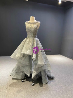 Noble Gray Hi Lo Embroidery Backless Pearls Sleeveless Short Prom Dress