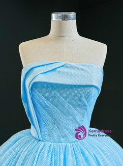 New arrivals Blue Ball Gown Sequins Strapless Pleats Sleeveless Tiers Prom Dress