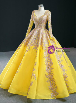 Exquisite Yellow Ball Gown Tulle Sequins Square Long Sleeve Prom Dress