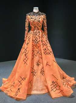 Winsome Orange Ball Gown Tulle Sequins Long Sleeve High Neck Beading Prom Dress
