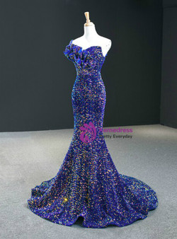 High quality Blue Mermaid Sequins One Shoulder Ruffles Prom Dress