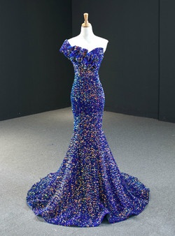 High quality Blue Mermaid Sequins One Shoulder Ruffles Prom Dress