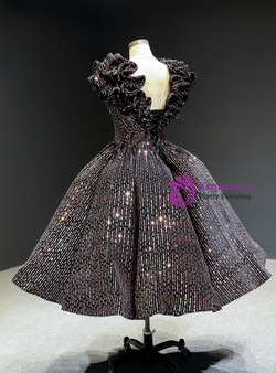 Popular Coffee Ball Gown Sequins V-neck Short Ruffles Tea Length Prom Dress