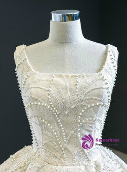 Eye-catching Champagne Ball Gown Tulle Pearls Square Neck Sleeveless Wedding Dress