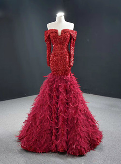 Popular Burgundy Mermaid Sequins Off the Shoulder Long Sleeve Prom Dress With Feather