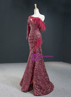 Exciting Burgundy Mermaid Sequins One Shoulder Cut Out Long Sleeve Feather Prom Dress