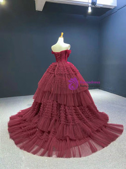 Hot Sale Burgundy Ball Gown Tulle Off the Shoulder Pleats Tiers Sleeveless Prom Dress