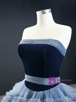Elegance Gray Blue Ball Gown Tulle Strapless Tiers Pleats Sleeveless Prom Dress