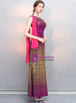 Exquisite In Stock:Ship in 48 Hours Purple Gold Sequins One Shoulder Sleeveless Prom Dress