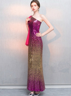 Exquisite In Stock:Ship in 48 Hours Purple Gold Sequins One Shoulder Sleeveless Prom Dress