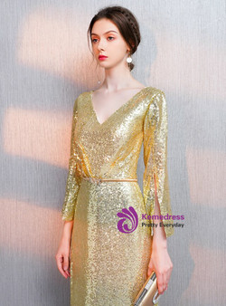  Distinctive In Stock:Ship in 48 Hours Gold Sequins V-neck Long Sleeve Prom Dress With Sash