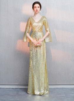  Distinctive In Stock:Ship in 48 Hours Gold Sequins V-neck Long Sleeve Prom Dress With Sash