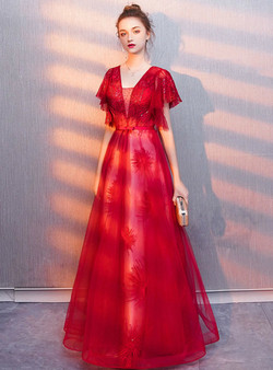 Glamorous In Stock:Ship in 48 Hours A-Line Red Tulle V-neck Backless Prom Dress