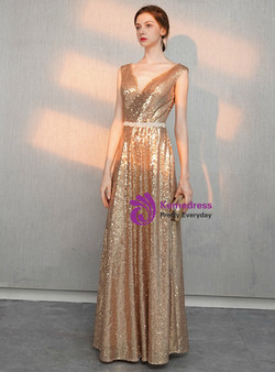 Classic In Stock:Ship in 48 Hours Simple Gold Sequins V-neck Beading Prom Dress