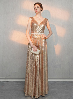 Classic In Stock:Ship in 48 Hours Simple Gold Sequins V-neck Beading Prom Dress