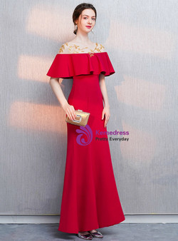 Advanced In Stock:Ship in 48 Hours Red Scoop Satin With Beading Long Prom Dress