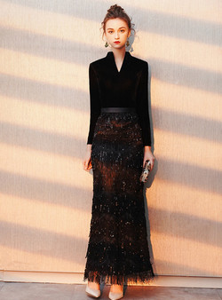 In Stock:Ship in 48 Hours Black Velvet V-neck Sequins Long Sleeve Prom Dress