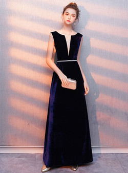 Queenly In Stock:Ship in 48 Hours Navy Blue Velvet Deep V-neck Backless Prom Dress