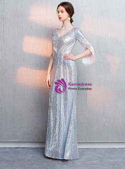 Casual In Stock:Ship in 48 Hours Silver Sequins V-neck Long Sleeve Prom Dress